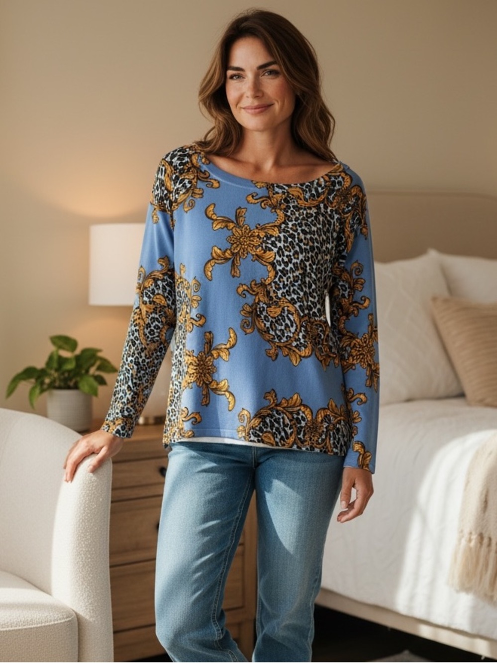 Boston Proper Long Sleeve Knit Top With Wide Neckline And Mixed Print Size Small